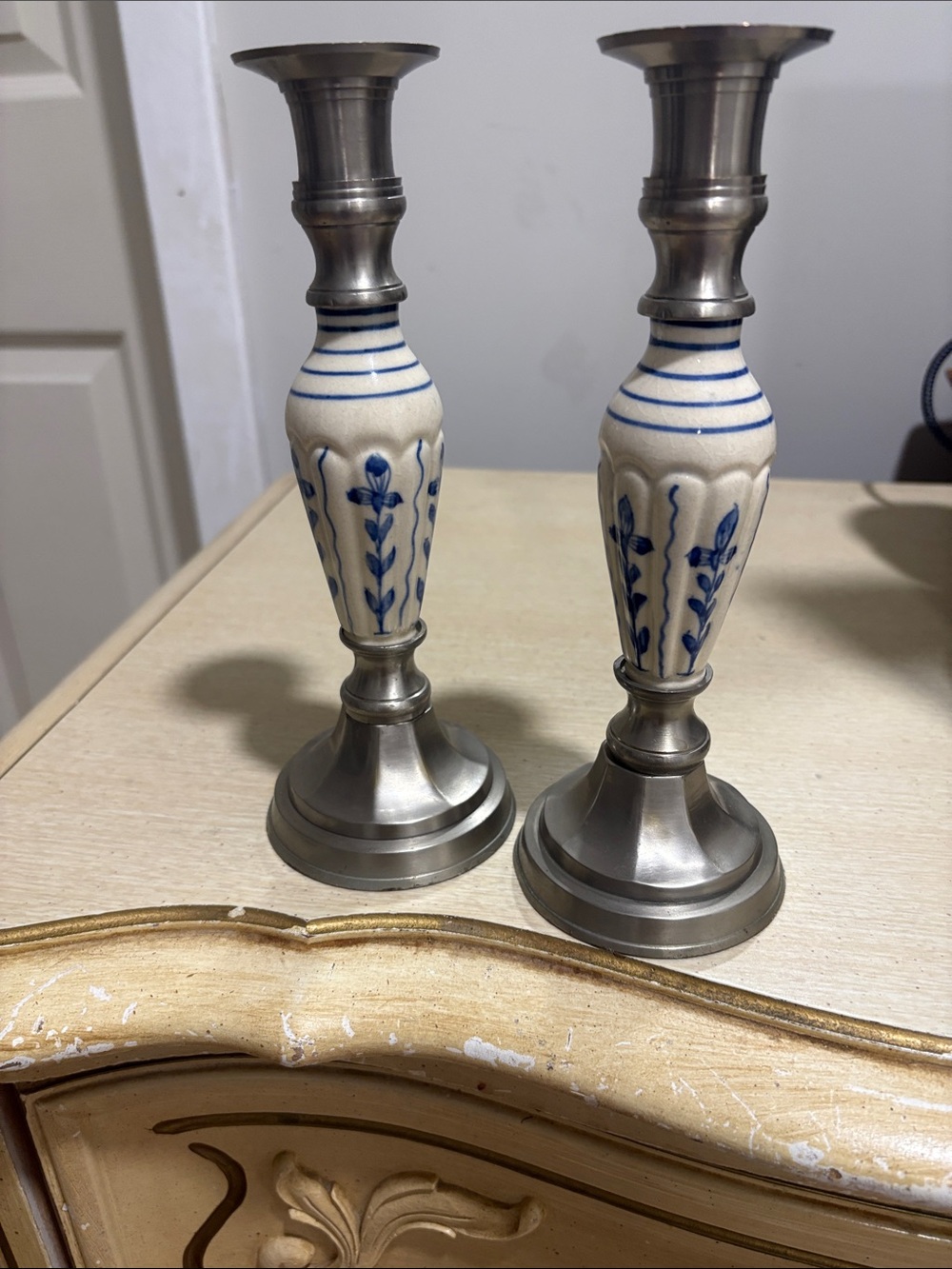 Blue and White Ceramic Pewter Candlestick Pair - Home Accents